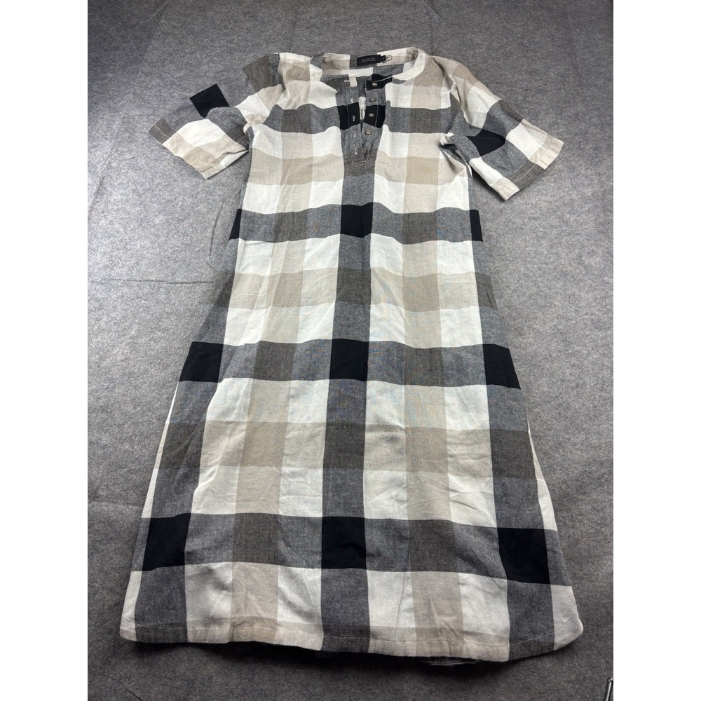 Roolee Women's L Buffalo Plaid Midi Dress Pocket Brown White 3/4 Sleeve Trad
